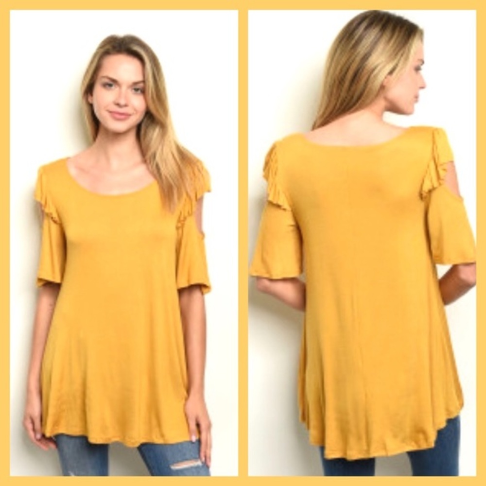 SOFT CUTOUT SLEEVE TUNIC LONGER‎ TOP- MUSTARD-NWT